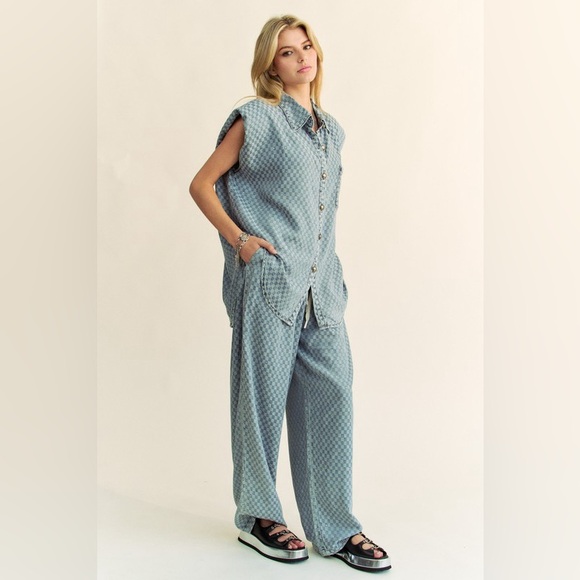 276B. Checkered Denim Drawstring Pants - Picture 2 of 2